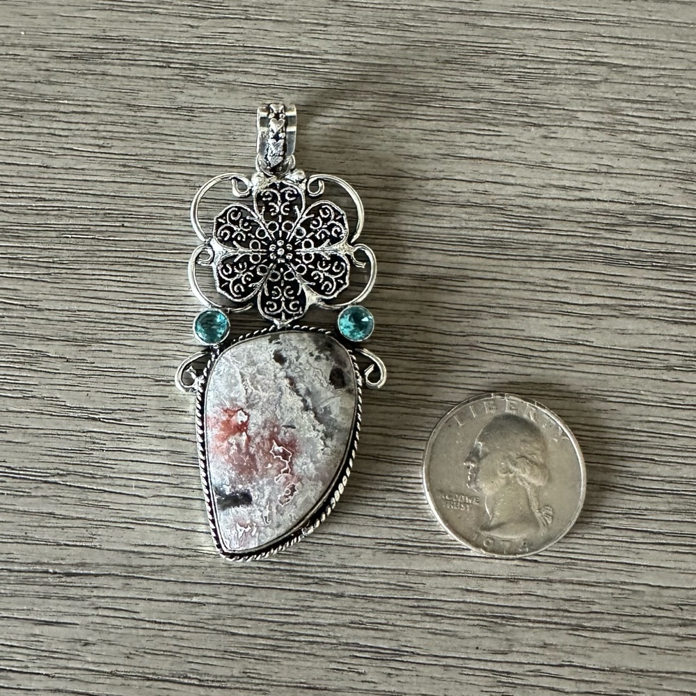 1037 Crazy Lace Agate Blue Topaz Pendant Handmade Silver Statement Jewelry - Picture 4 of 7